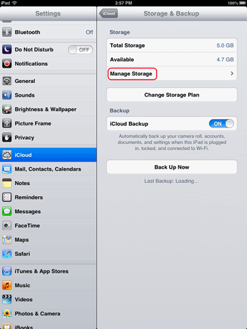 iCloud Settings, Manage Storage